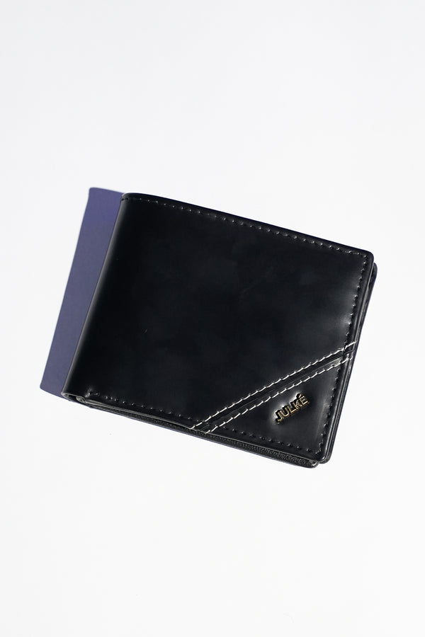 Mens leather bifold wallet in black colour with white contrast stich and metallic hardware by JULKE