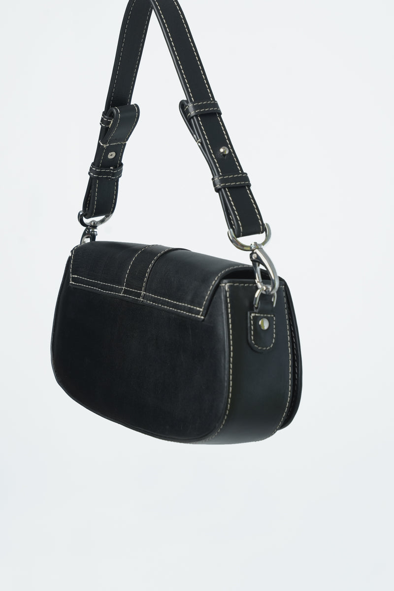 Womens leather shoulder baguette bag in black colour with silver metal logo and hardware by JULKE