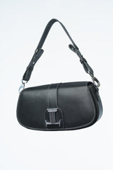 Womens leather shoulder baguette bag in black colour with silver metal logo and hardware by JULKE