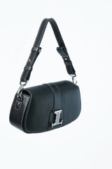 Womens leather shoulder baguette bag in black colour with silver metal logo and hardware by JULKE