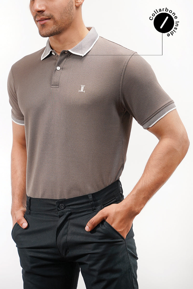 Mens polos shirt in grey colour with white contrast tipped sleeves and collar by JULKE 