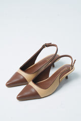 Womens leather kitten heels in beige and brown colour with slingback and pointed toe by JULKE