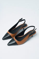 Womens leather kitten heels in tan and black colour with slingback and pointed toe by JULKE