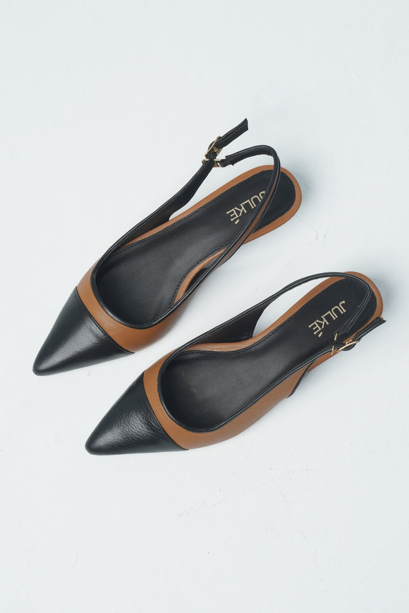 Womens leather kitten heels in tan and black colour with slingback and pointed toe by JULKE