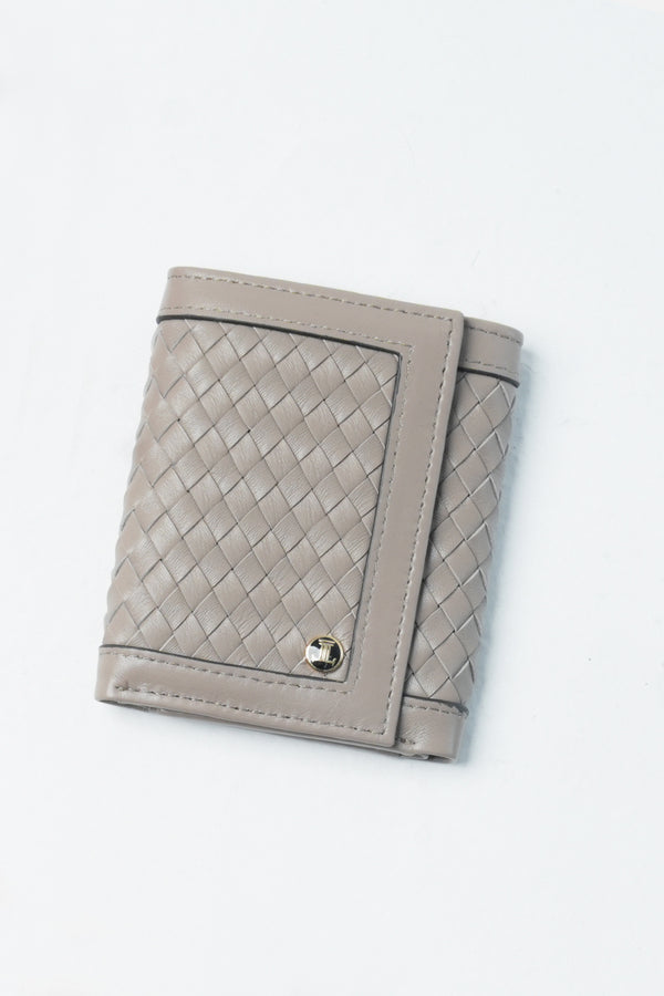 Womens leather trifold wallet in light grey colour with braiding and metal logo by JULKE