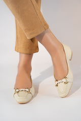 Women's leather block heel pumps in off white colour with gold & white horseshoe buckle and square toe by JULKE