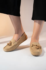 Women's winter suede leather moccasins in khaki brown colour with twisted tassel bow and moc toe by JULKE