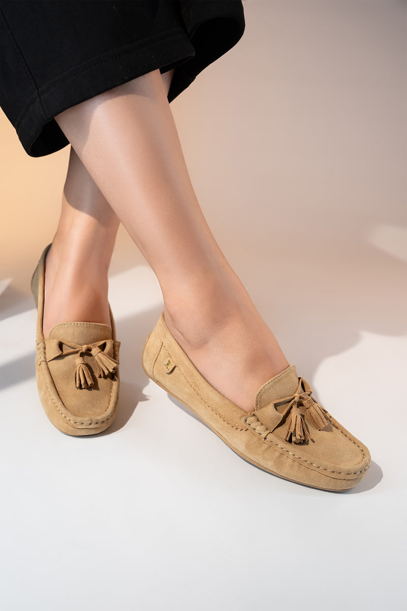 Women's winter suede leather moccasins in khaki brown colour with twisted tassel bow and moc toe by JULKE