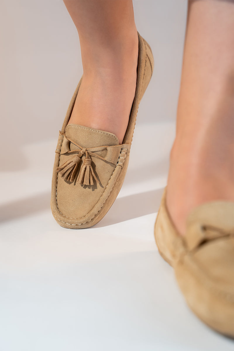 Women's winter suede leather moccasins in khaki brown colour with twisted tassel bow and moc toe by JULKE