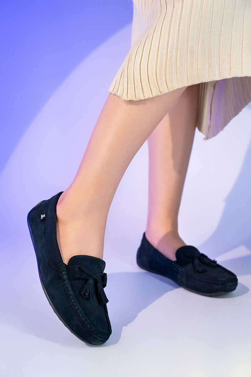 Women's winter suede leather moccasins in navy blue colour with twisted tassel bow and moc toe by JULKE