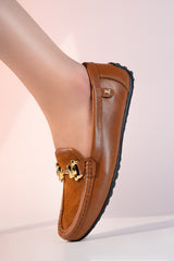 Womens leather and suede moccasins in brown colour with gold metallic horse-bit buckle and moc stitch toe By JULKE