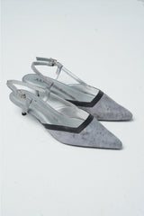 Womens leather kitten heels in grey colour in floral print with slingback and pointed toe by JULKE