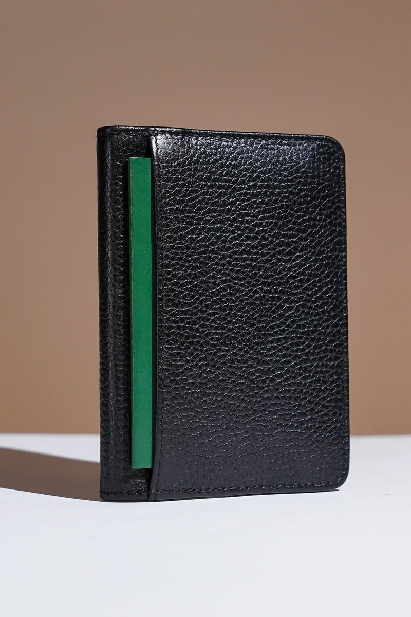 Mens leather bifold passport wallet in black colour with croc texture and contrast stitching by JULKE