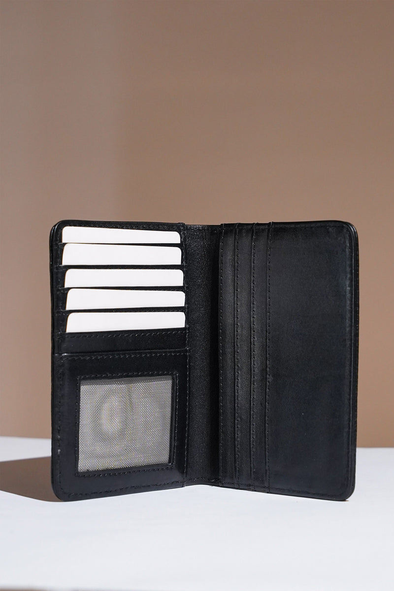 Mens leather bifold passport wallet in black colour with croc texture and contrast stitching by JULKE