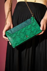 Womens suede leather envelope clutch in green colour with reptile print and detachable golden shoulder chain by JULKE