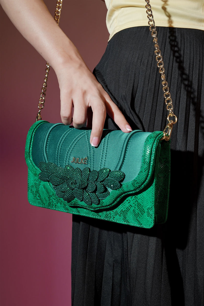 Womens suede leather envelope clutch in green colour with reptile print and detachable golden shoulder chain by JULKE