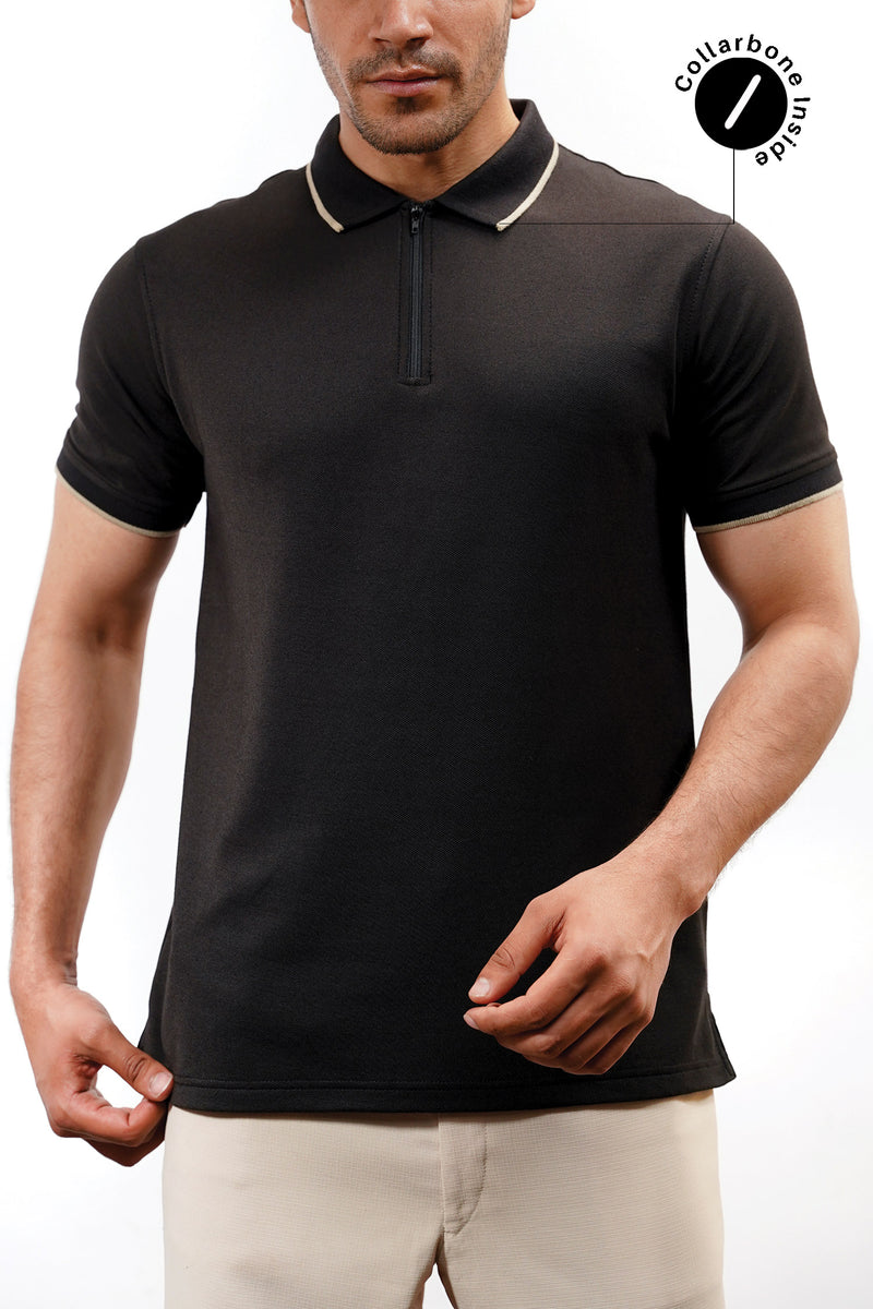 Mens polo shirt in black colour with zipper plackett and beige contrast tipped collar and sleeves by JULKE