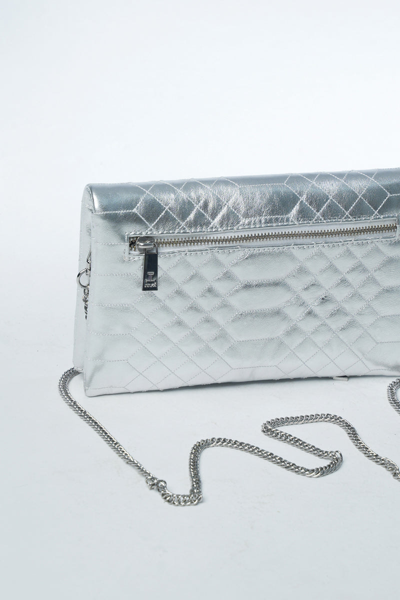 Womens leather shoulder bag clutch in silver colour with quilting and gold metal chain by JULKE