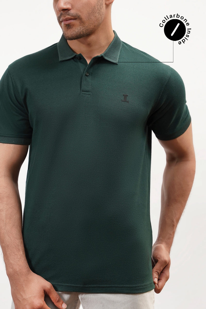 Mens summer polo shirt in dark green colour with collar and sleeves tipping by JULKE