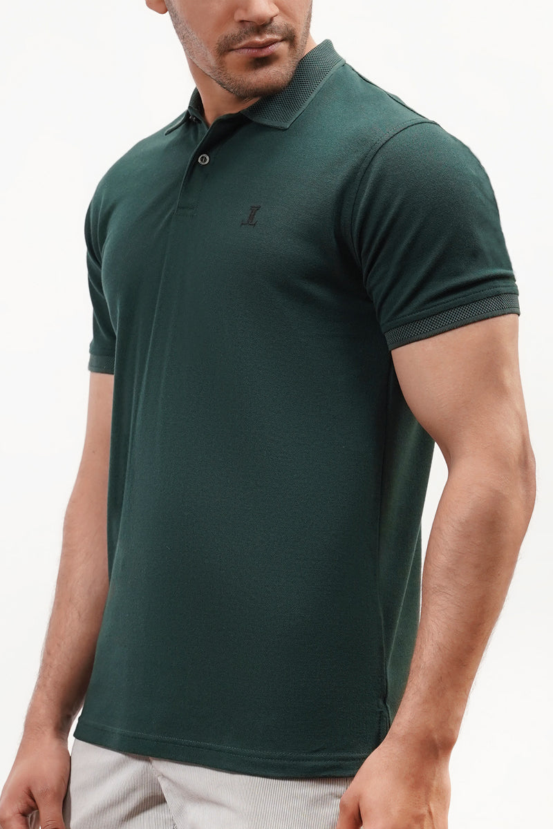 Mens summer polo shirt in dark green colour with collar and sleeves tipping by JULKE