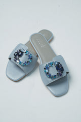 Womens leather flats in light blue colour with zircon diamante buckle and foam padded strap by JULKE