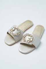 Womens leather flats in off white colour with zircon diamante buckle and foam padded strap by JULKE