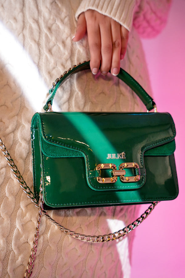 Women's leather top handle shoulder bag in green coloured patent and suede with golden chain and buckle brooch by JULKE