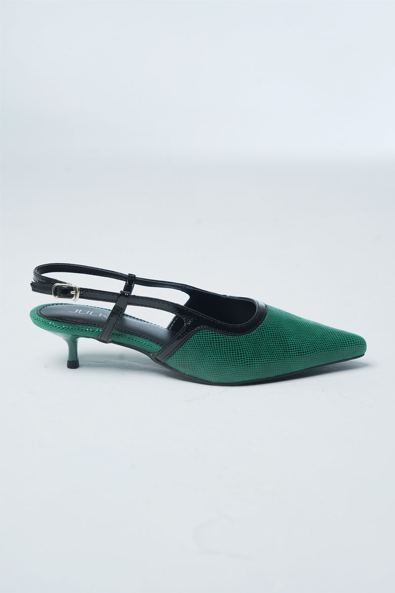 Womens leather kitten heels in green colour in reptile texture with slingback and pointed toe by JULKE