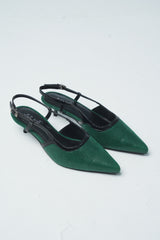 Womens leather kitten heels in green colour in reptile texture with slingback and pointed toe by JULKE