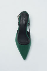 Womens leather kitten heels in green colour in reptile texture with slingback and pointed toe by JULKE