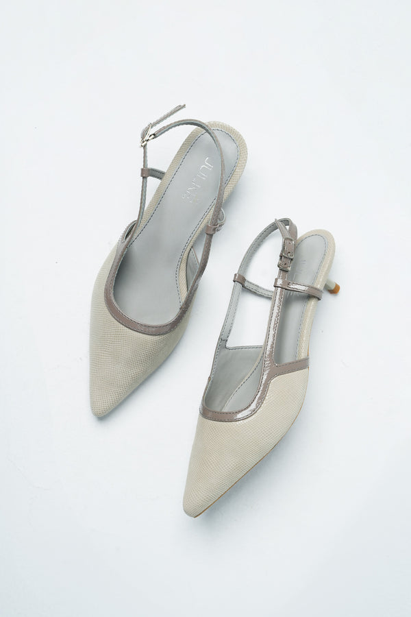 Womens leather kitten heels in off white and light grey colour in reptile texture with slingback and pointed toe by JULKE