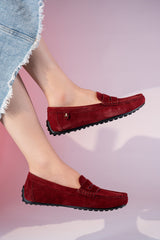 Women's winter suede leather moccasins in maroon colour with metal logo trim and moc toe by JULKE 