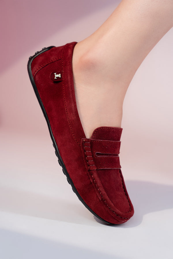 Women's winter suede leather moccasins in maroon colour with metal logo trim and moc toe by JULKE 