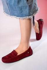 Women's winter suede leather moccasins in maroon colour with metal logo trim and moc toe by JULKE 