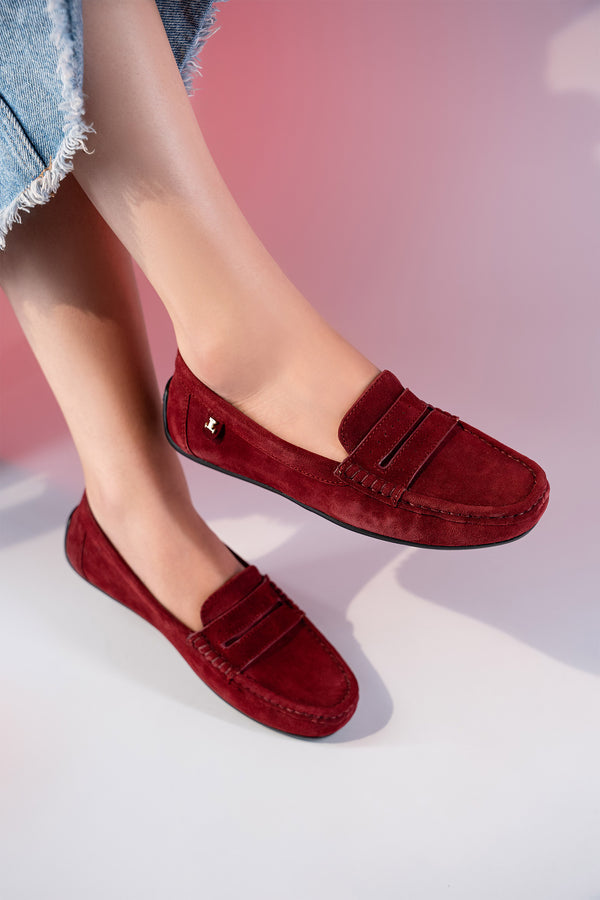 Women's winter suede leather moccasins in maroon colour with metal logo trim and moc toe by JULKE 