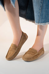 Women's winter suede leather moccasins in light brown colour with metal logo trim and moc toe by JULKE 