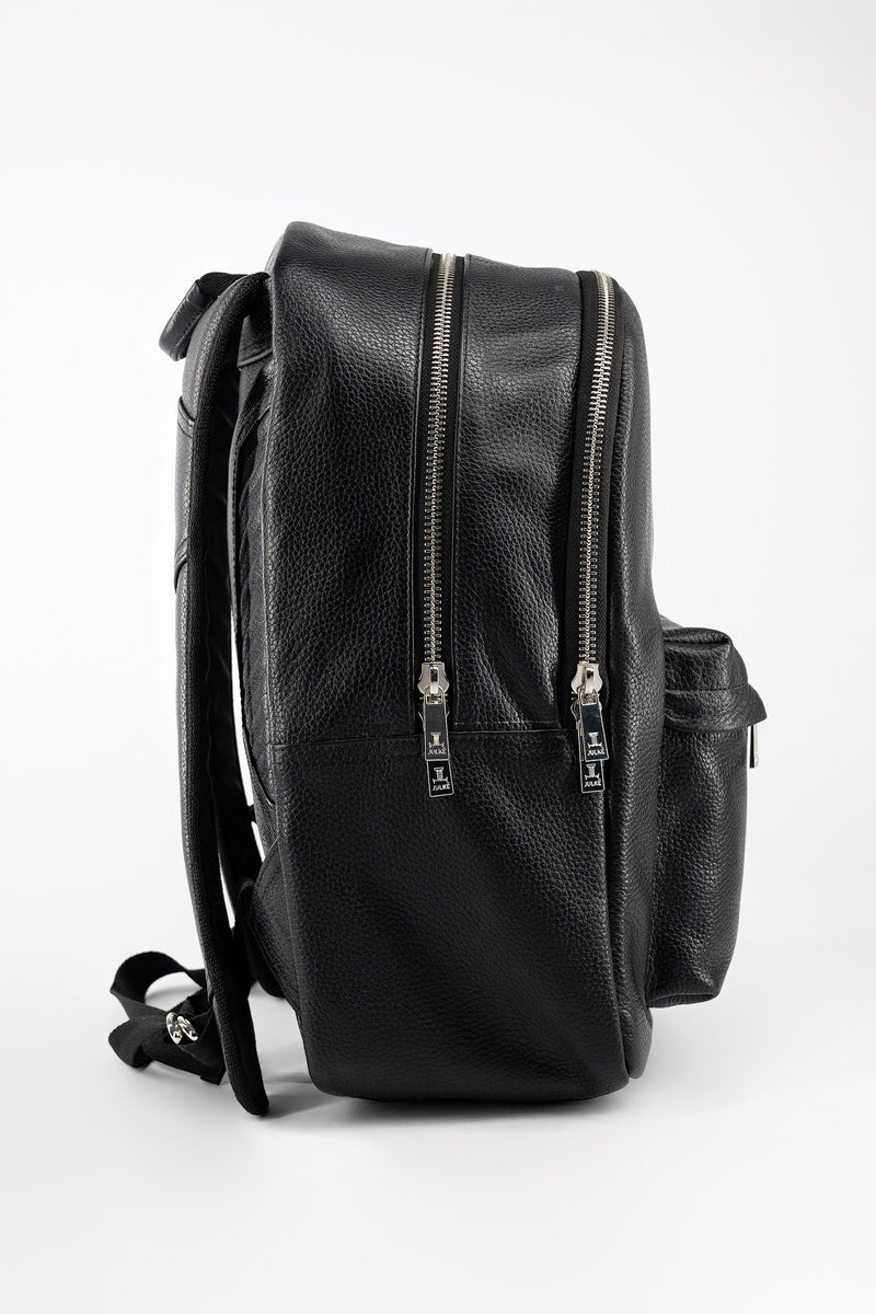 Soft leather curve top backpack in black colour with padded shoulder straps and extra pockets by JULKE