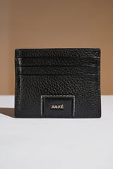 Mens leather card holder in black colour with croc texture and white contrast stitch around metallic hardware by JULKE