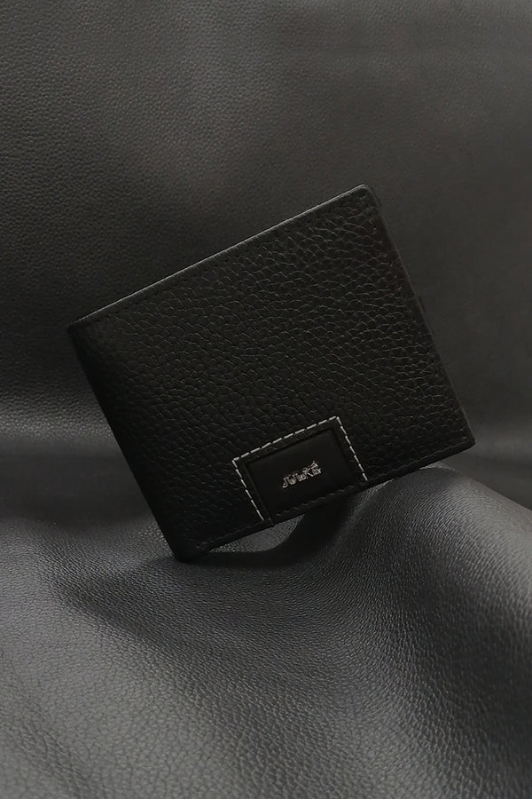 Mens leather bifold wallet in black colour with croc texture and white contrast stitch by JULKE