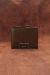 Mens leather bifold wallet in dark brown colour with contrast stitching and gold metallic brand trims.