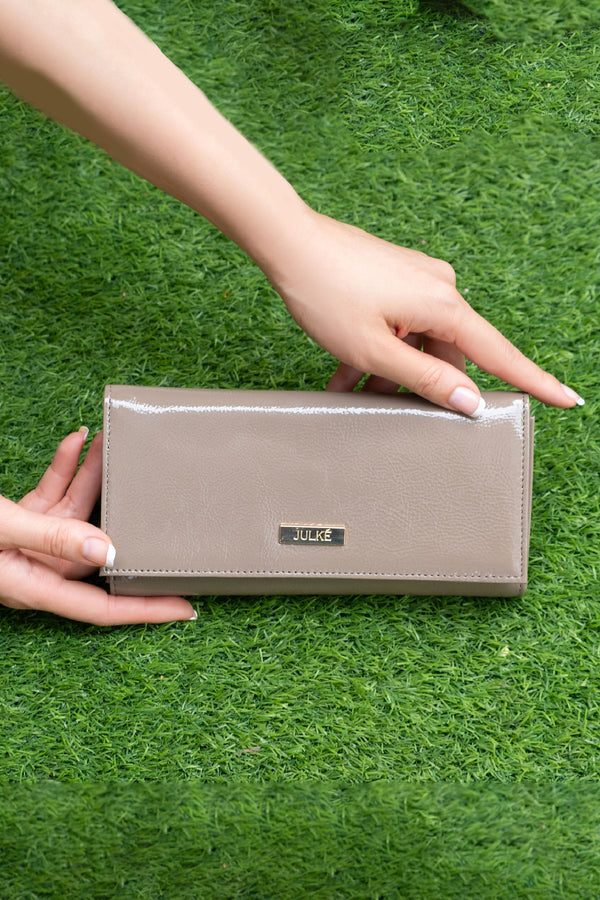 Womens leather accessory wallet in grey colour in patent material by JULKE