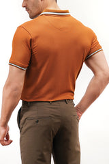 Mens summer polo shirt in ochre brown colour with collar and sleeves tipping by JULKE