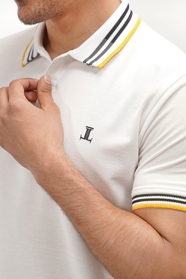 Mens summer polo shirt in white colour with collar and sleeves tipping by JULKE