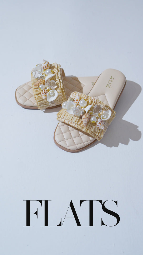 Women flat shoes with wide fit in light beige colour and seashell & pearl brooch by JULKE