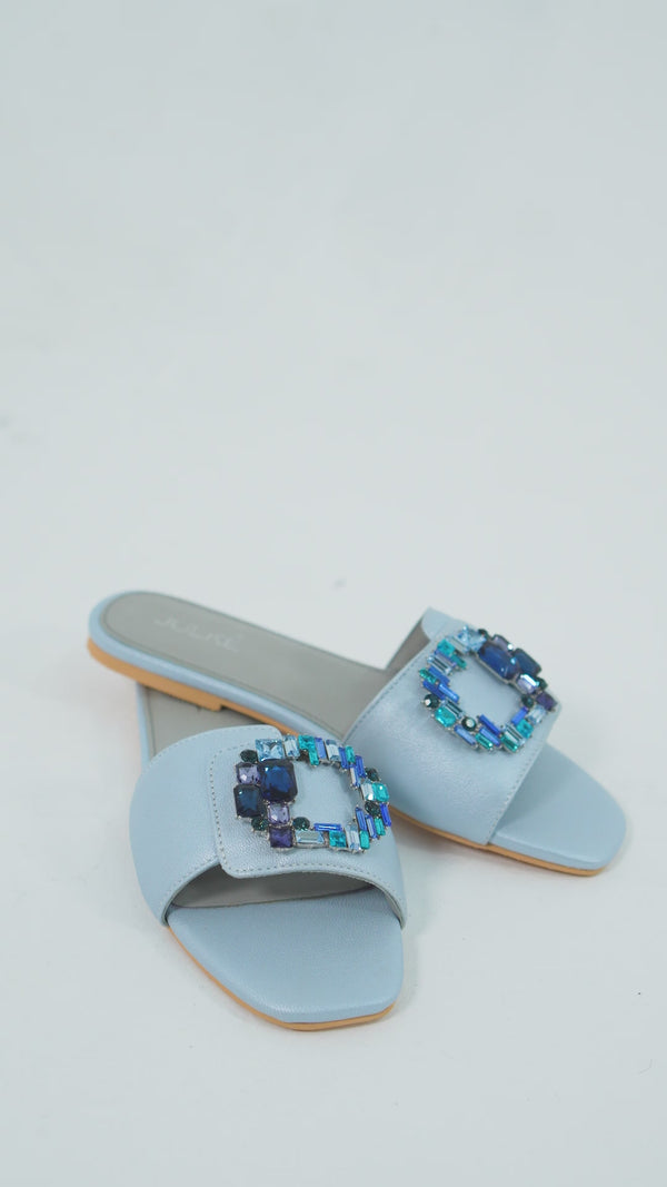 Womens leather flats in light blue colour with zircon diamante buckle and foam padded strap by JULKE