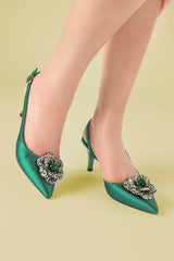 Women satin heels in green colour with flower diamante brooch by JULKE