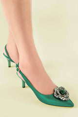 Women satin heels in green colour with flower diamante brooch by JULKE