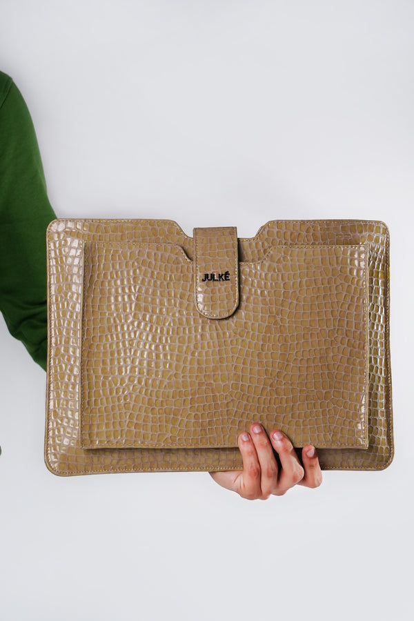 Leather laptop sleeve in beige colour with crocodile texture by JULKE