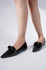 Womens leather pointed toe flat pump in black colour with bow by JULKE